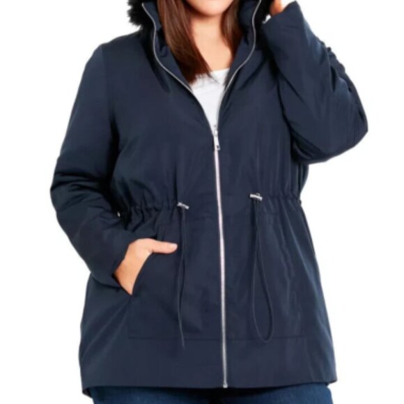 Evans Jackets & Blazers - Evans Womens Faux Fur Hooded Collared Lightweight Full Zip Coat Navy Size 22 NWT